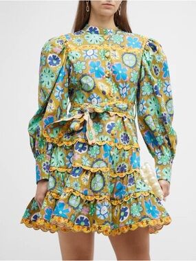 CeliaB Multicolor Floral Long-Sleeve Mini Dress - Mustard, Blue, Green
